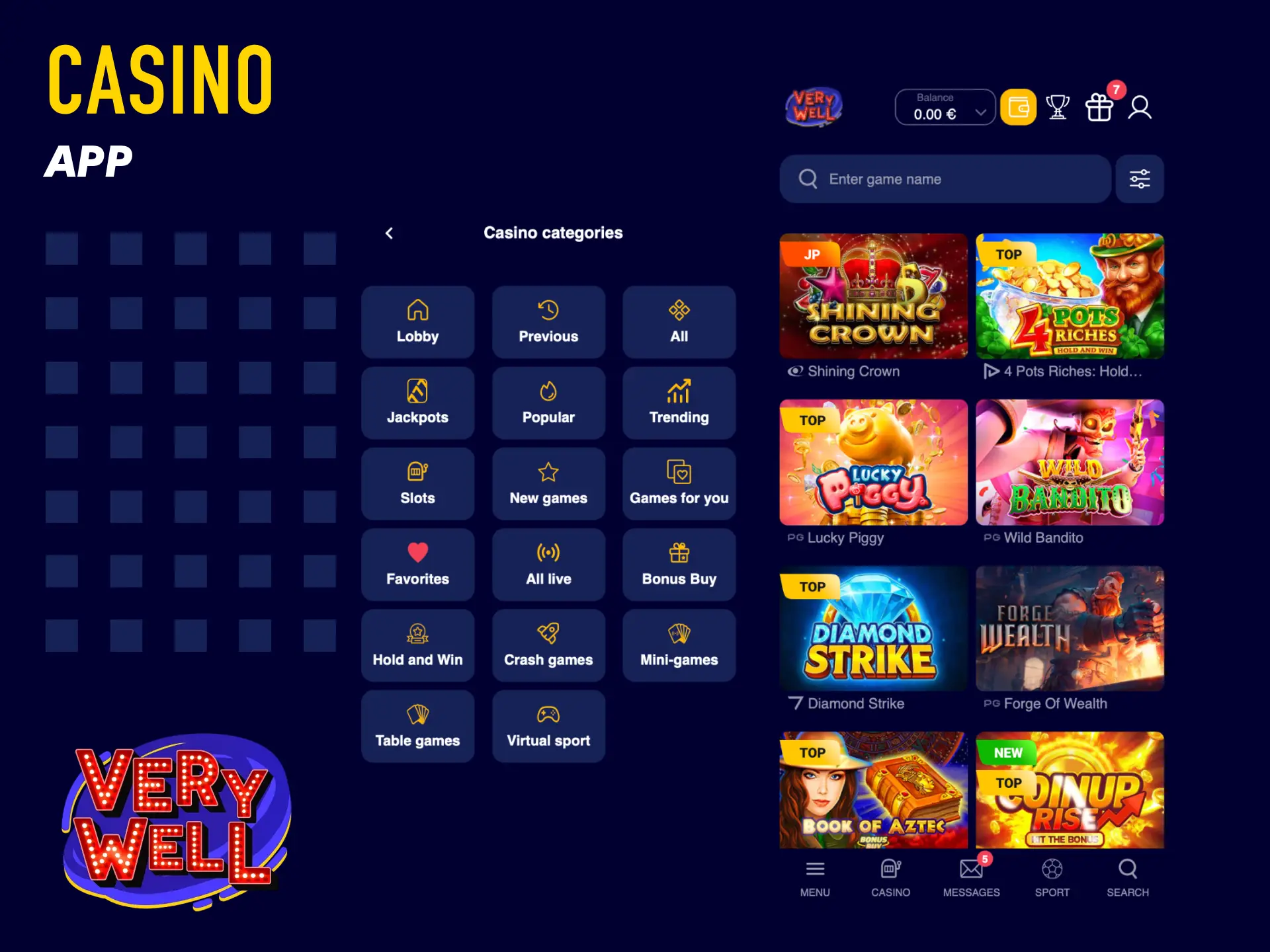 Casino app from VeryWell UK with slots, crash games, table games, and live dealers.