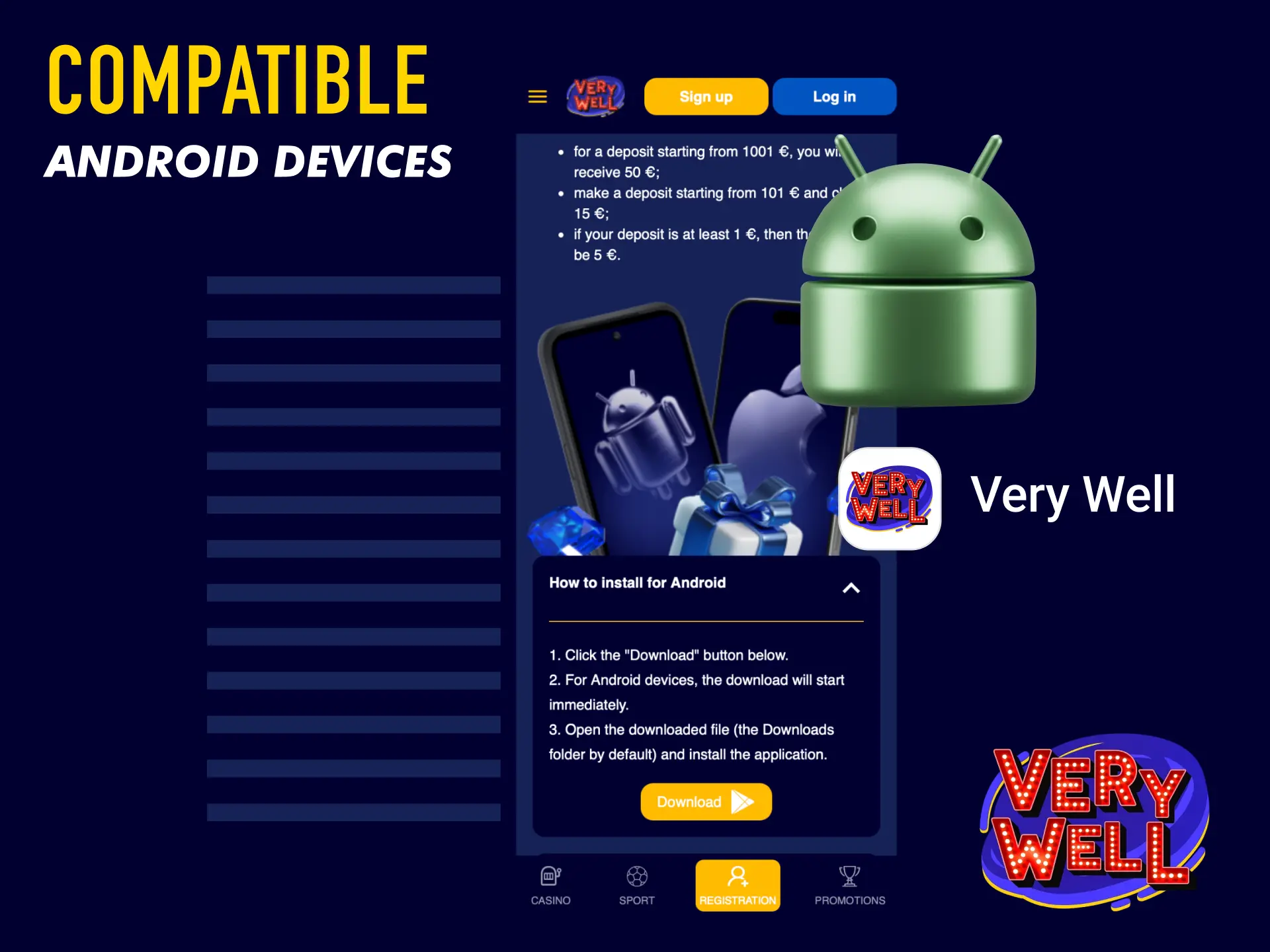 List of compatible Android devices for VeryWell UK app including Samsung, OnePlus, and Google Pixel.