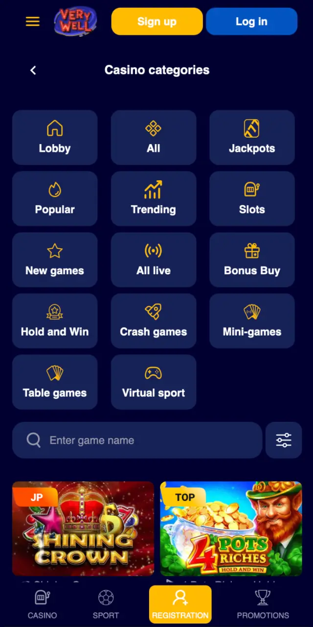 Casino lobby on VeryWell UK app with slots, table games, and live dealers.