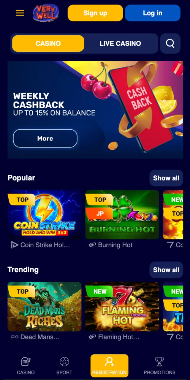VeryWell UK app homepage with access to sports, casino, and live events.
