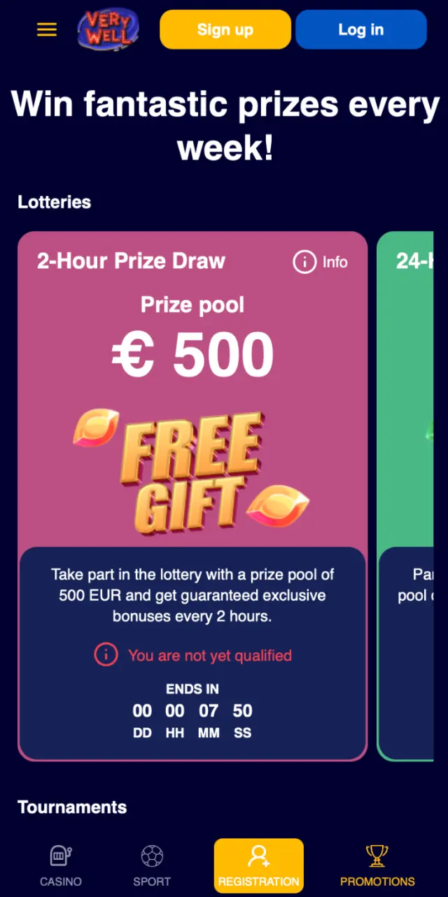 Promotions page on VeryWell UK app with welcome bonuses and special offers.