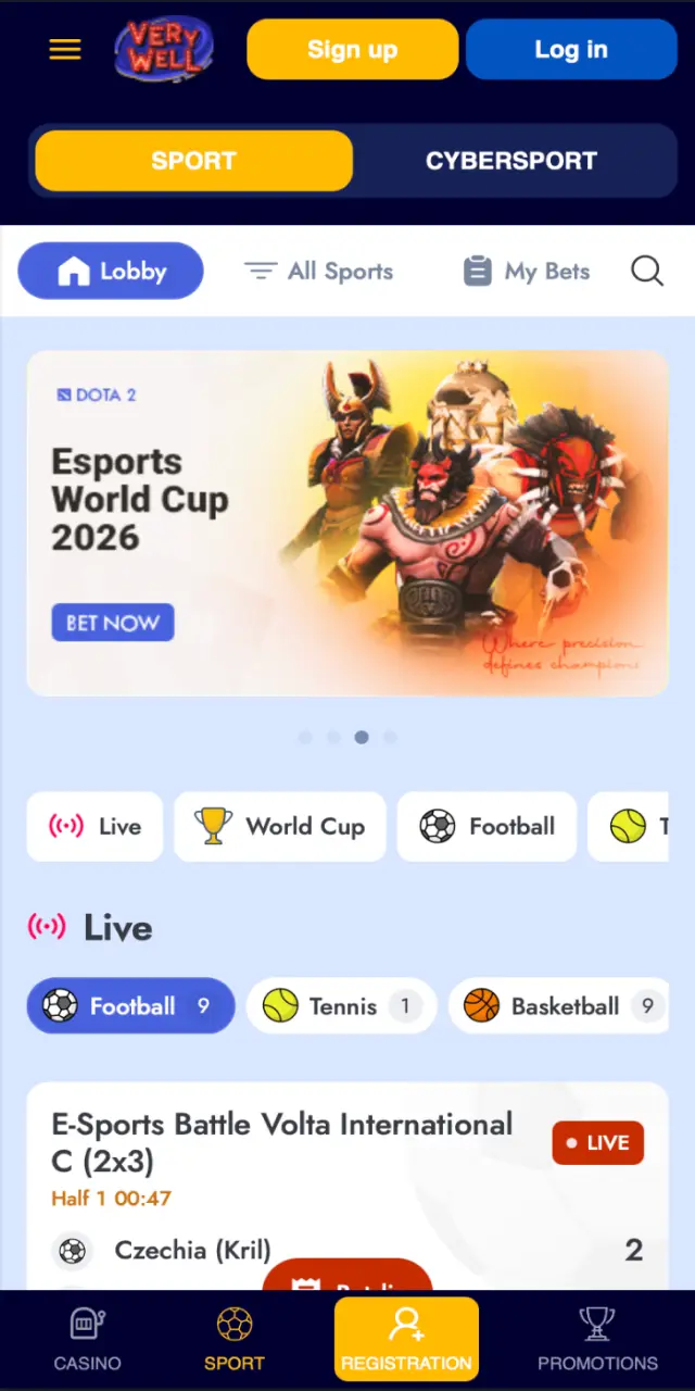 Sports betting interface on VeryWell UK app with live odds and upcoming matches.