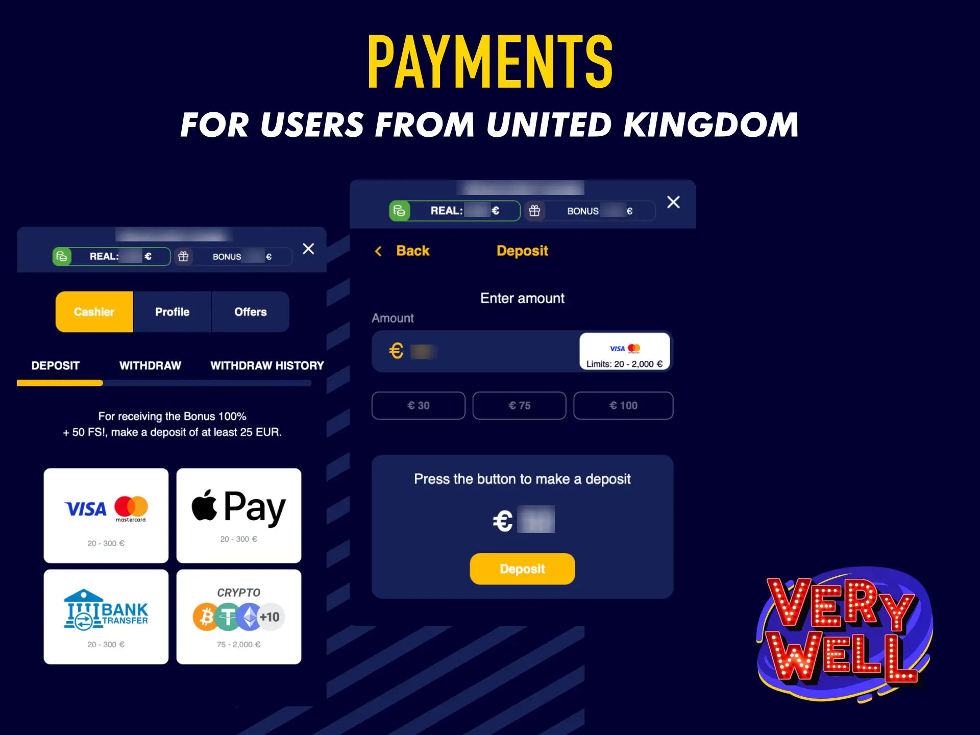 Secure payment methods for deposits and withdrawals in the VeryWell UK app.