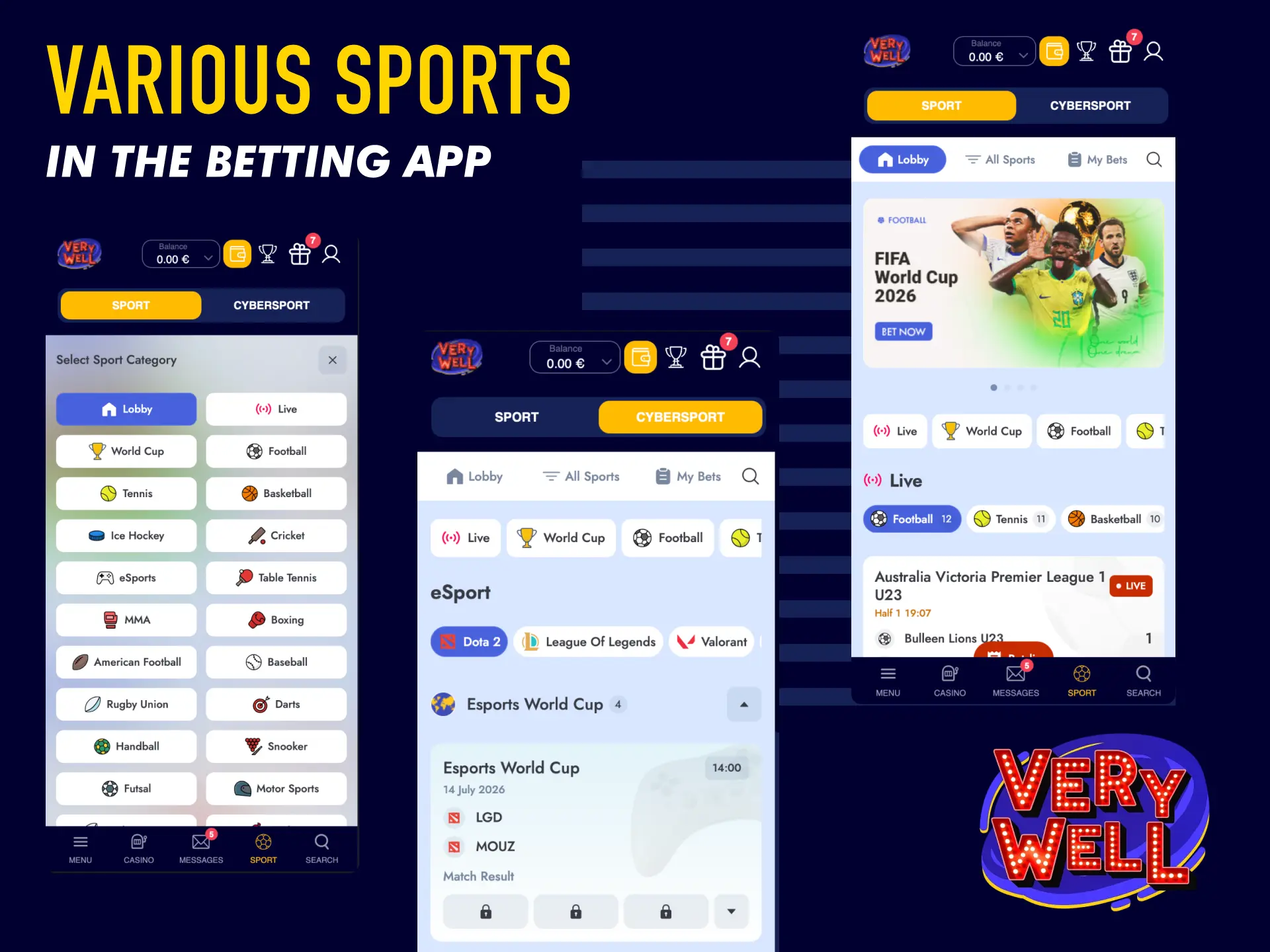 Bet on various sports including football, horse racing, and tennis from the VeryWell UK betting app.