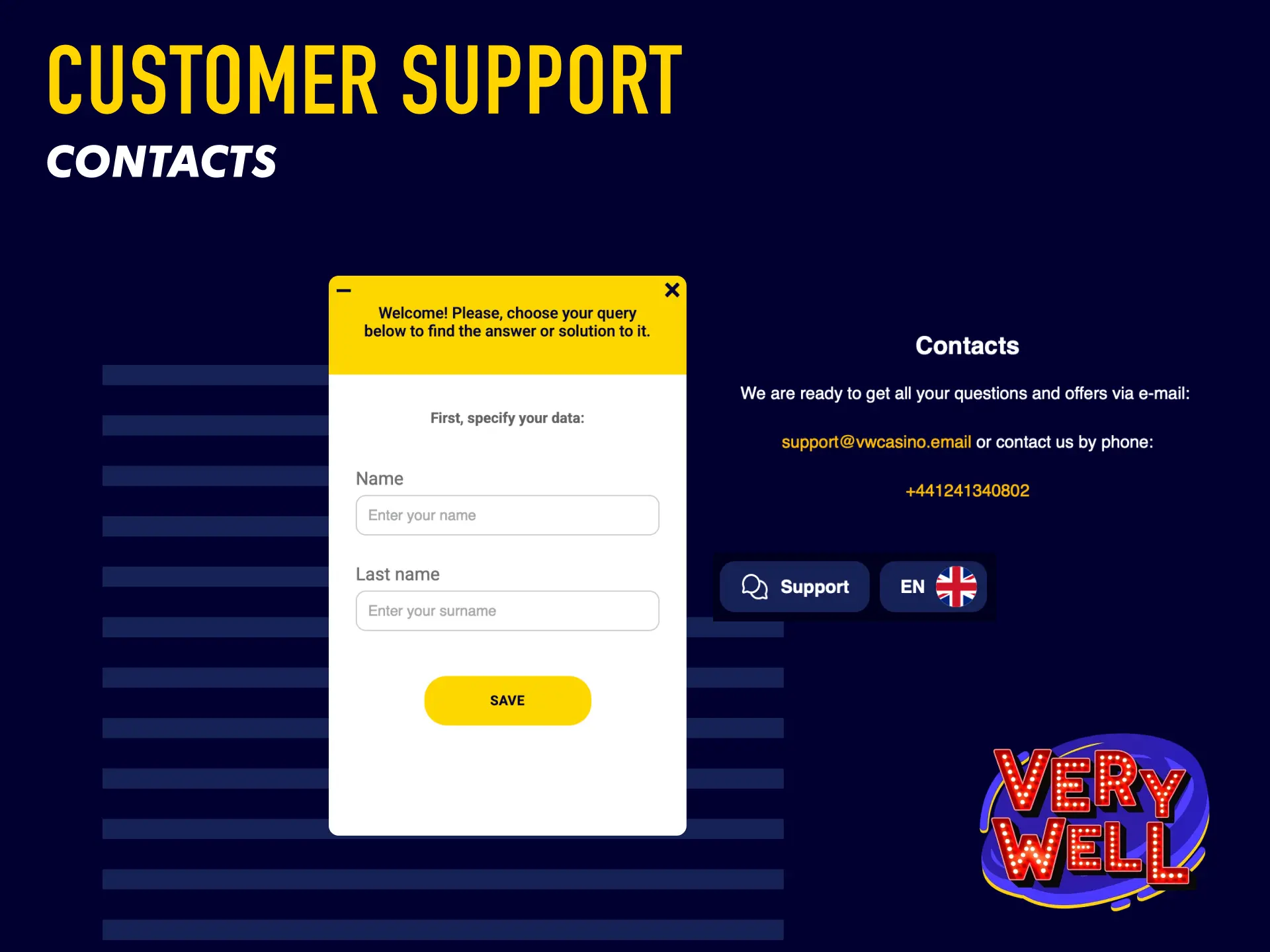 Customer support contacts for VeryWell UK including live chat and email for players.