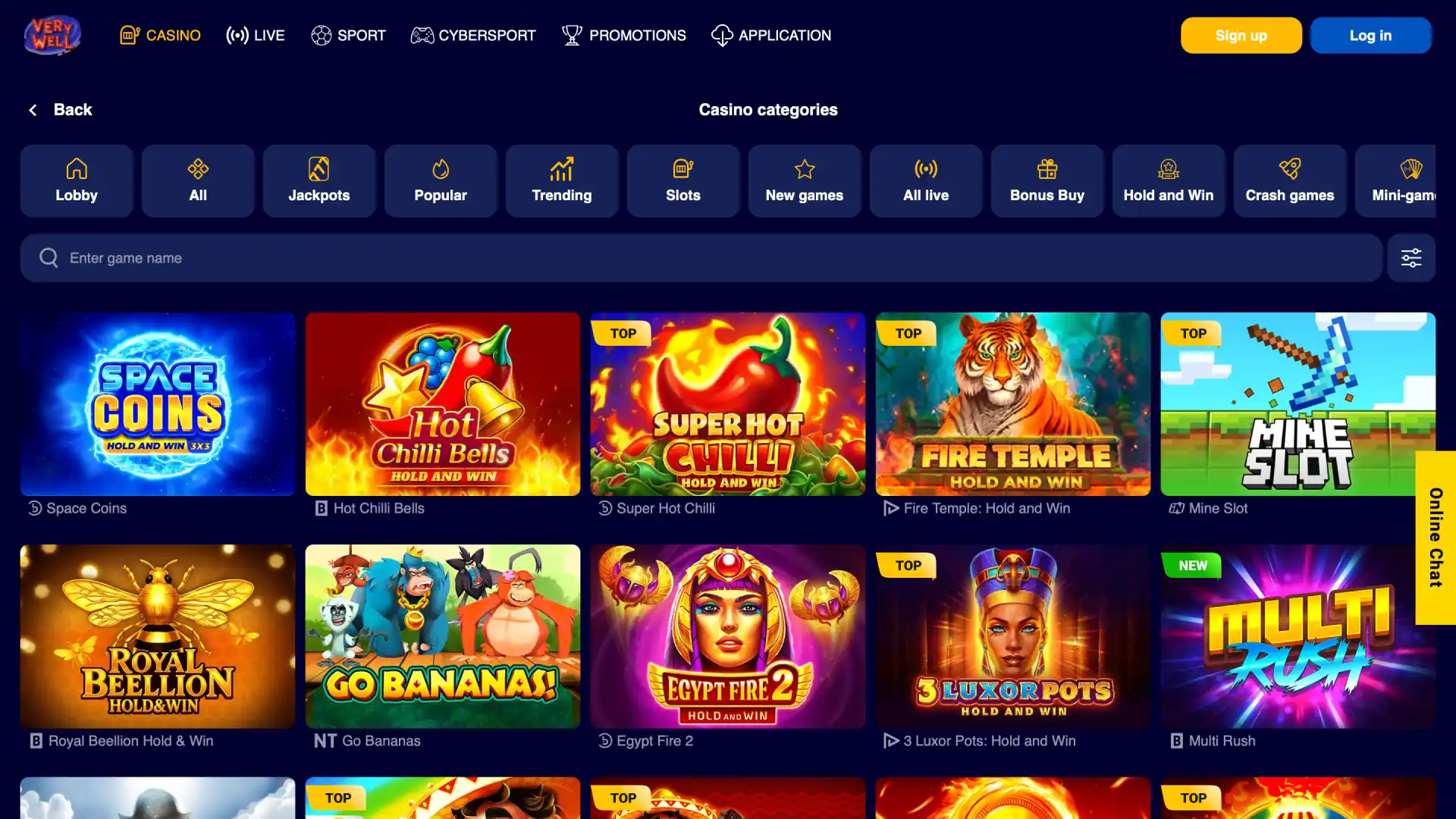 Casino lobby on VeryWell UK with slots, table games, and live dealers.