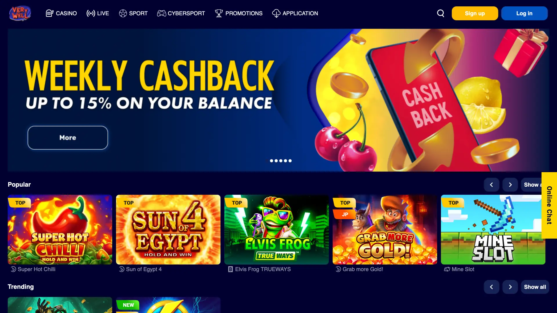 VeryWell UK homepage with access to sports, casino, and live events.