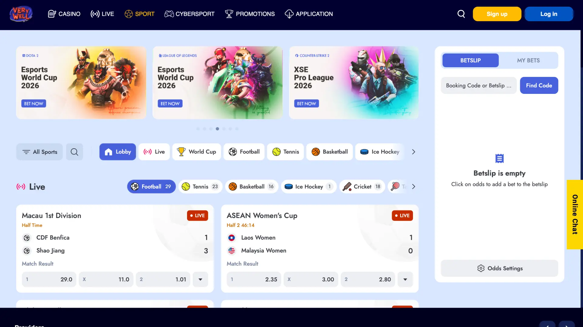Sports betting interface on VeryWell UK with live odds and upcoming matches.