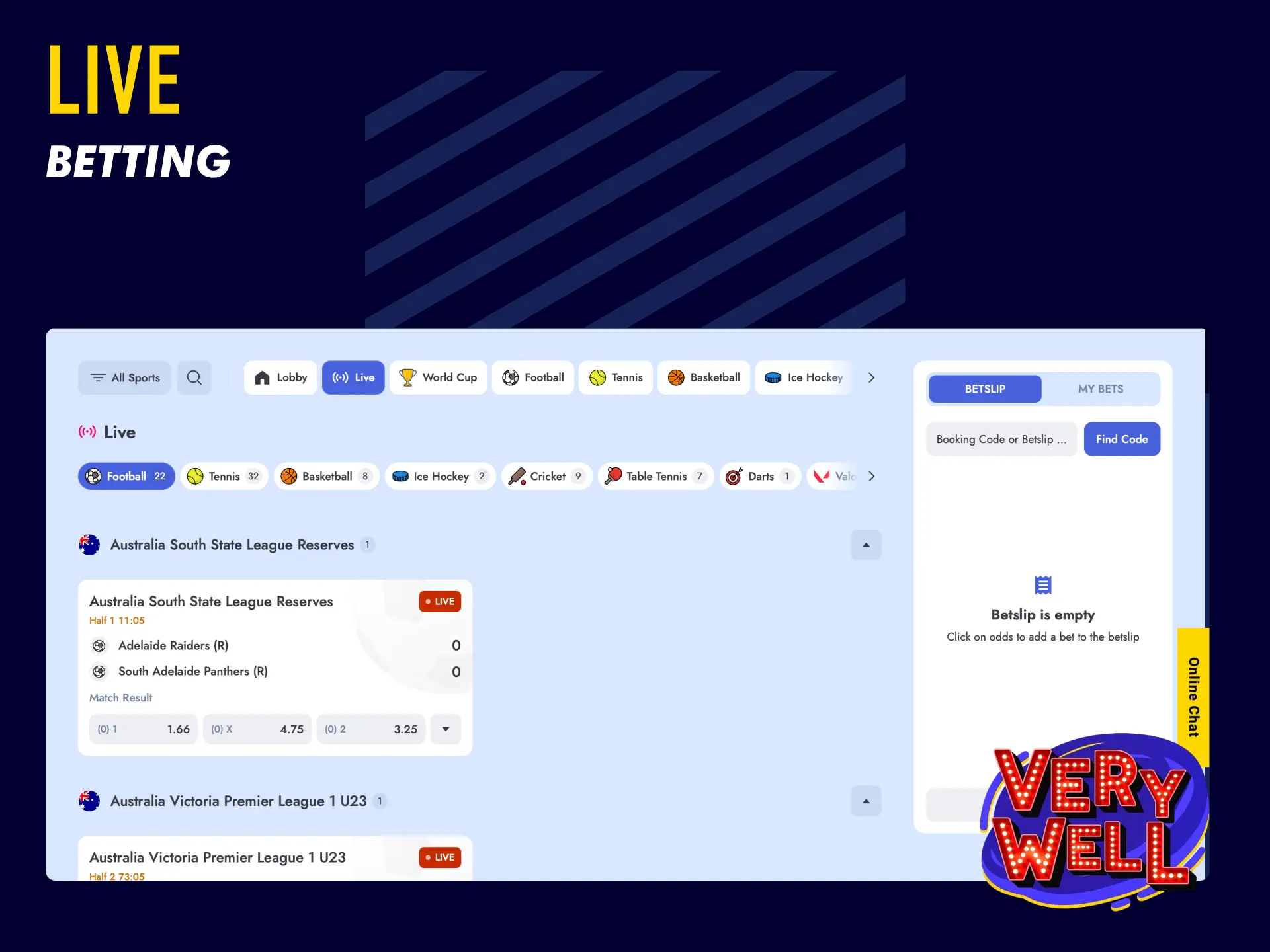 Live betting on VeryWell UK with dynamic odds updated in real time during matches.