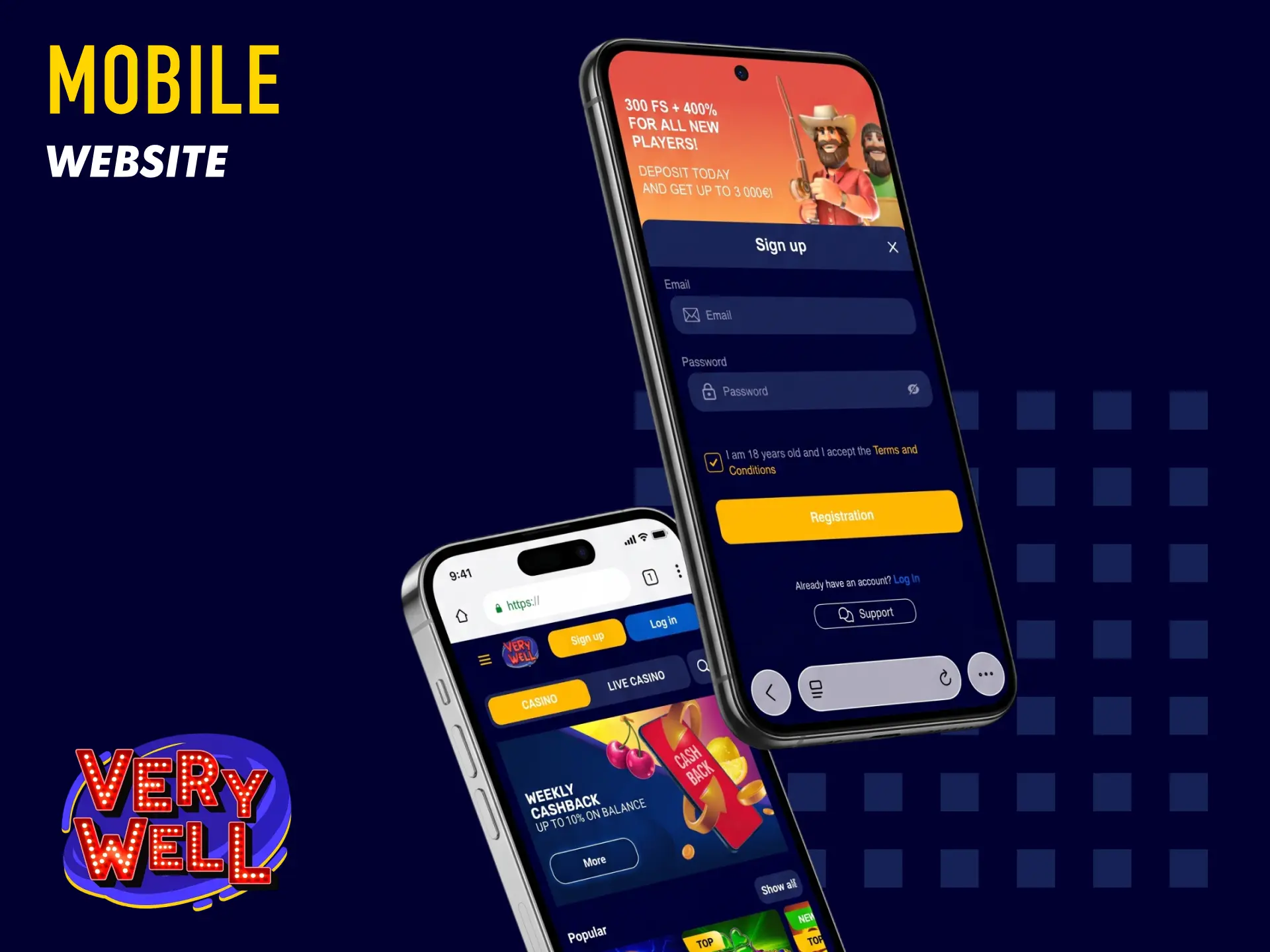 VeryWell UK mobile website for betting and casino without downloading an app.