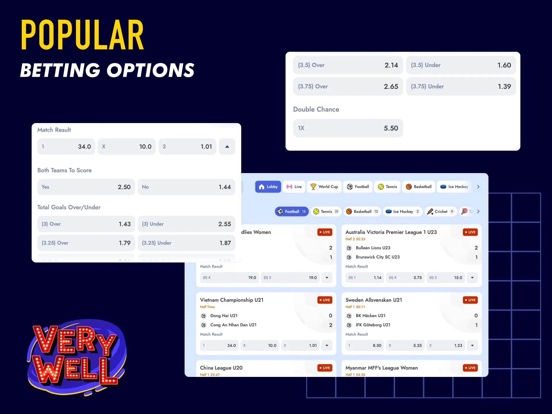 Popular betting options on VeryWell UK including live betting and pre-match markets.