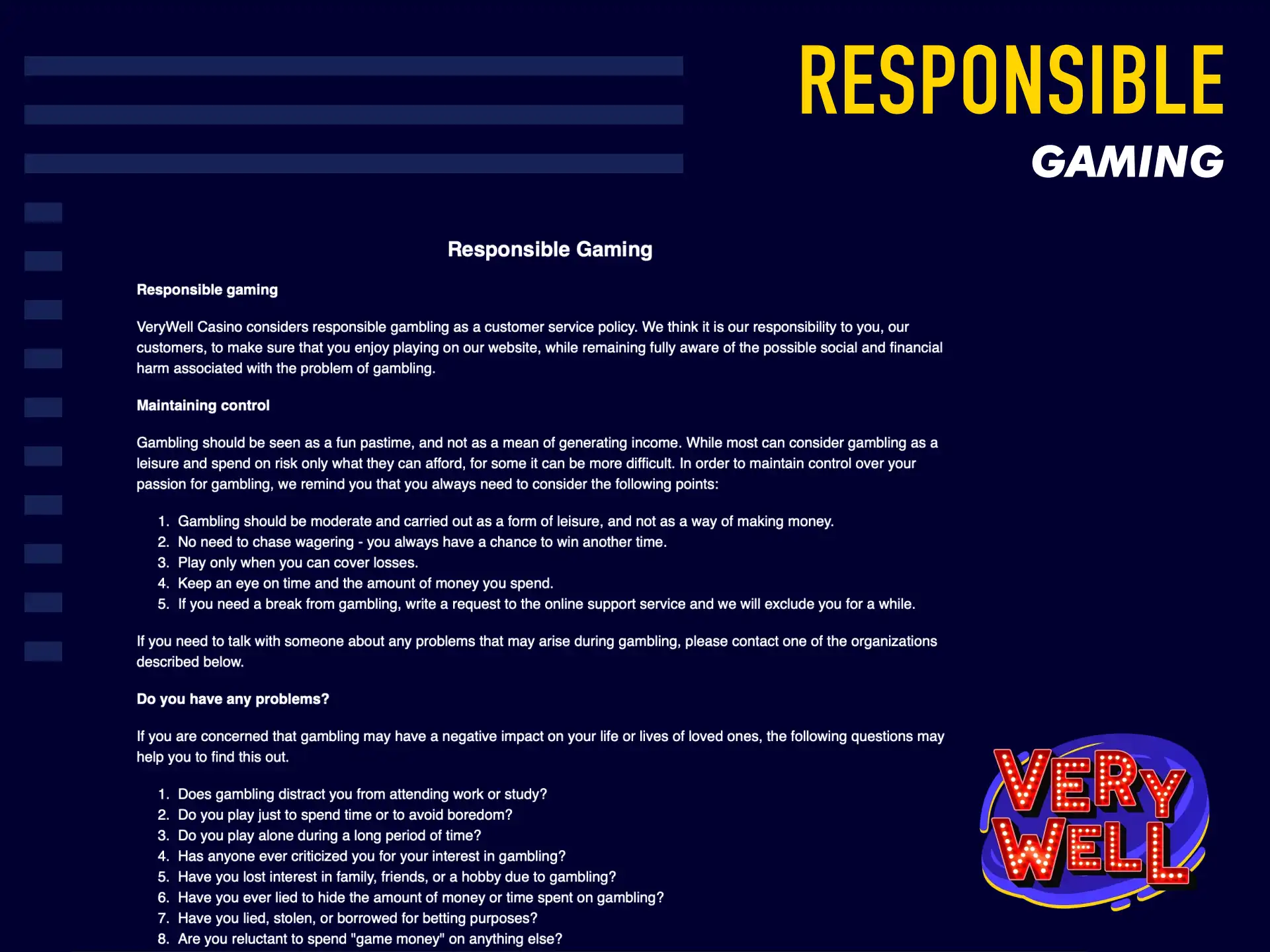 Responsible gaming tools on VeryWell UK to set limits and protect your balance.
