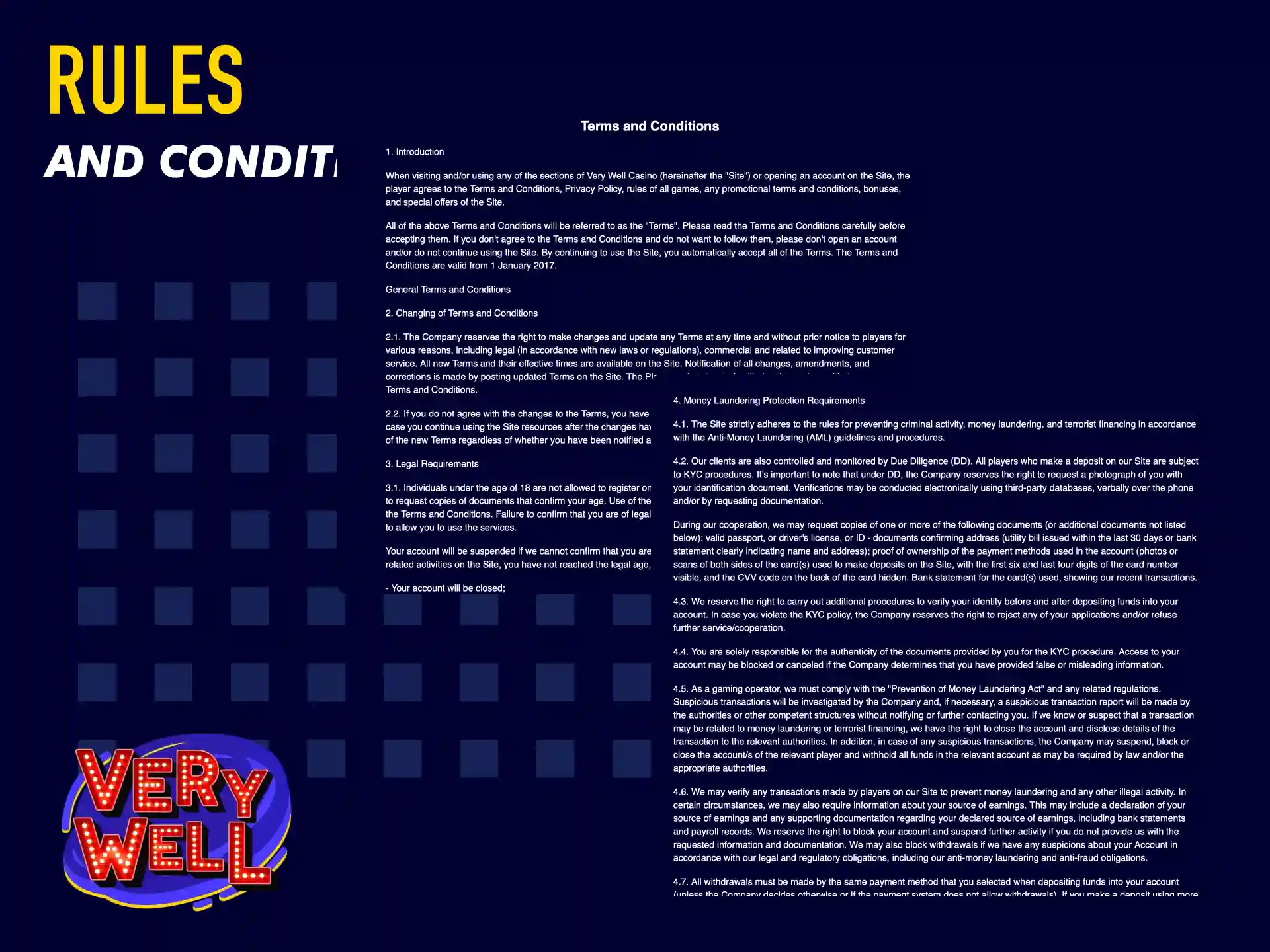 Rules and conditions for using VeryWell UK sportsbook and casino.