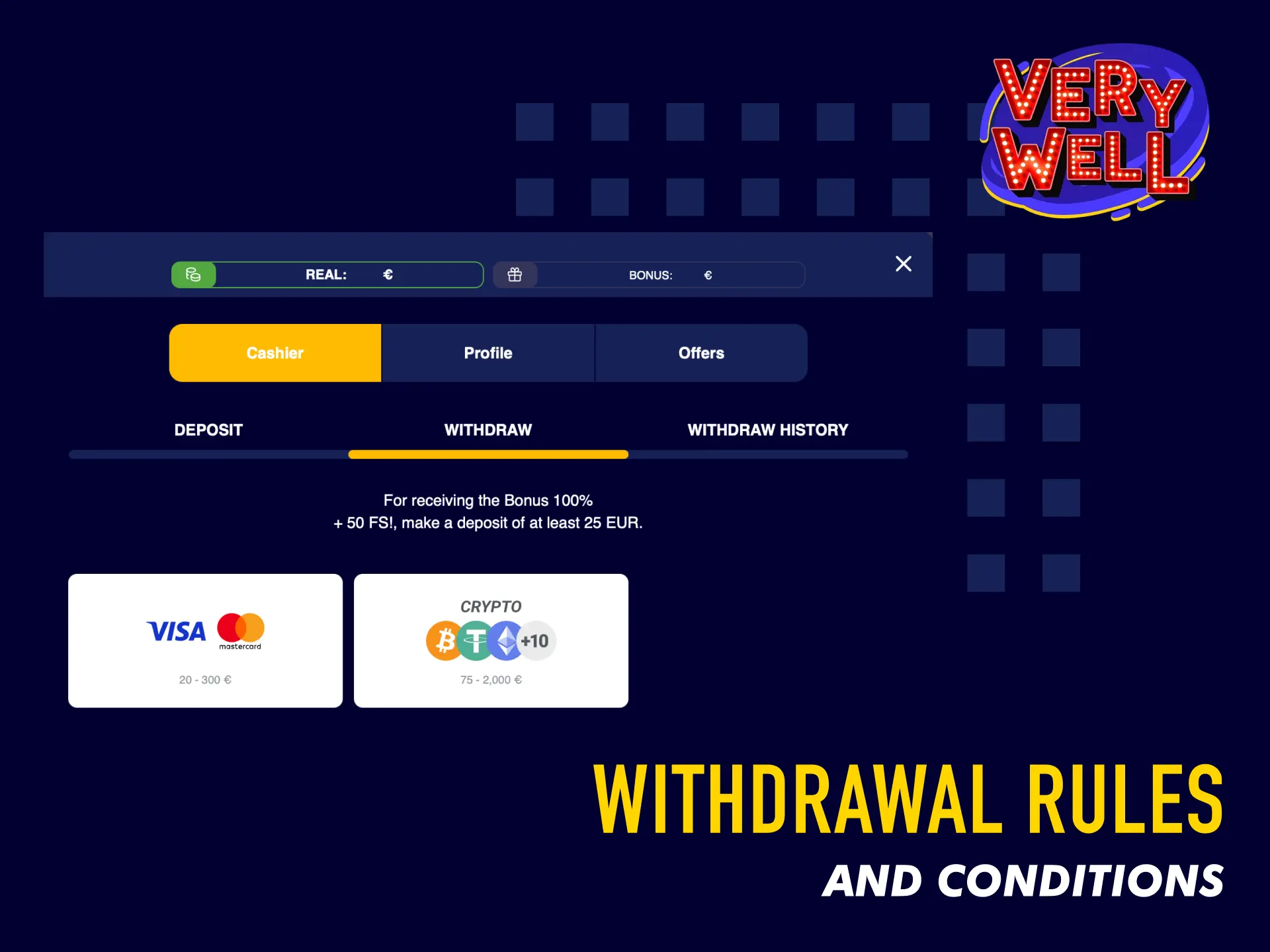 Withdrawal rules and conditions for VeryWell UK including minimum amounts and verification requirements.